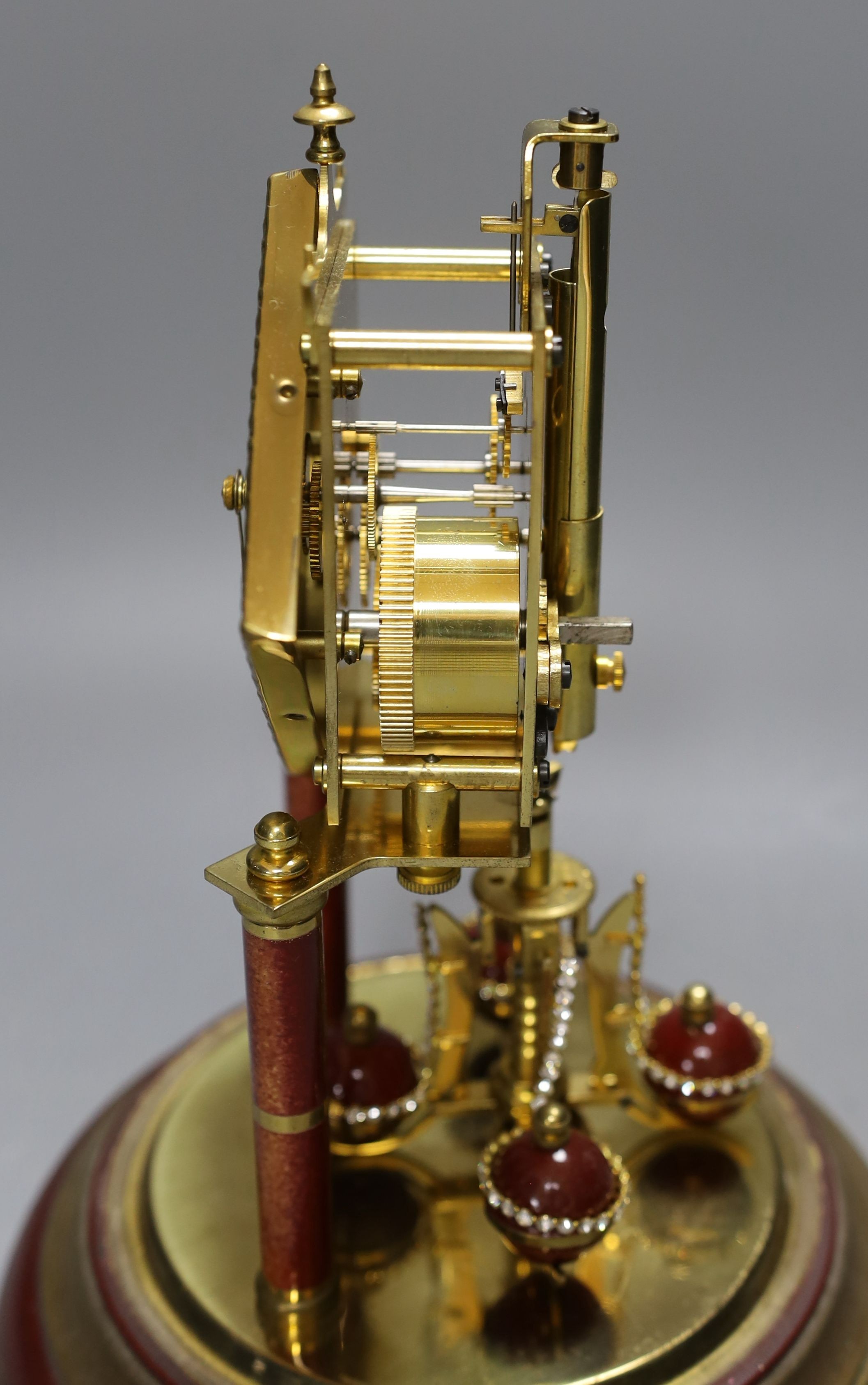 A domed Schatz 400-day anniversary red type design dial clock - 31cm tall